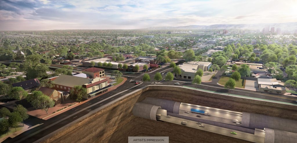 A State Government-supplied artist's impression of planned South Road tunnels running under Thebarton Theatre. 