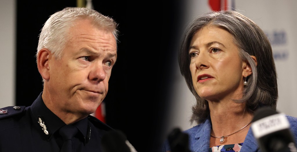 Grant Stevens and Nicola Spurrier face media today. Composite photo: Tony Lewis/InDaily