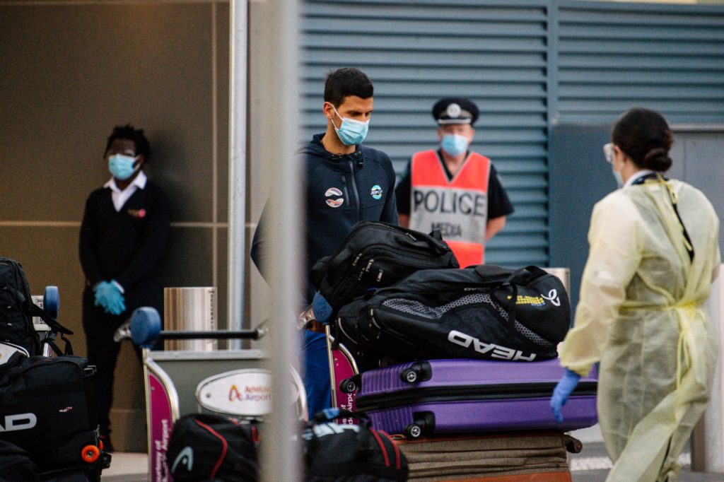 Novak Djokovic arrives at Adelaide Airport  to quarantine ahead of an exhibition event at memorial Drive on January 29. Photo: Morgan Sette/AAP