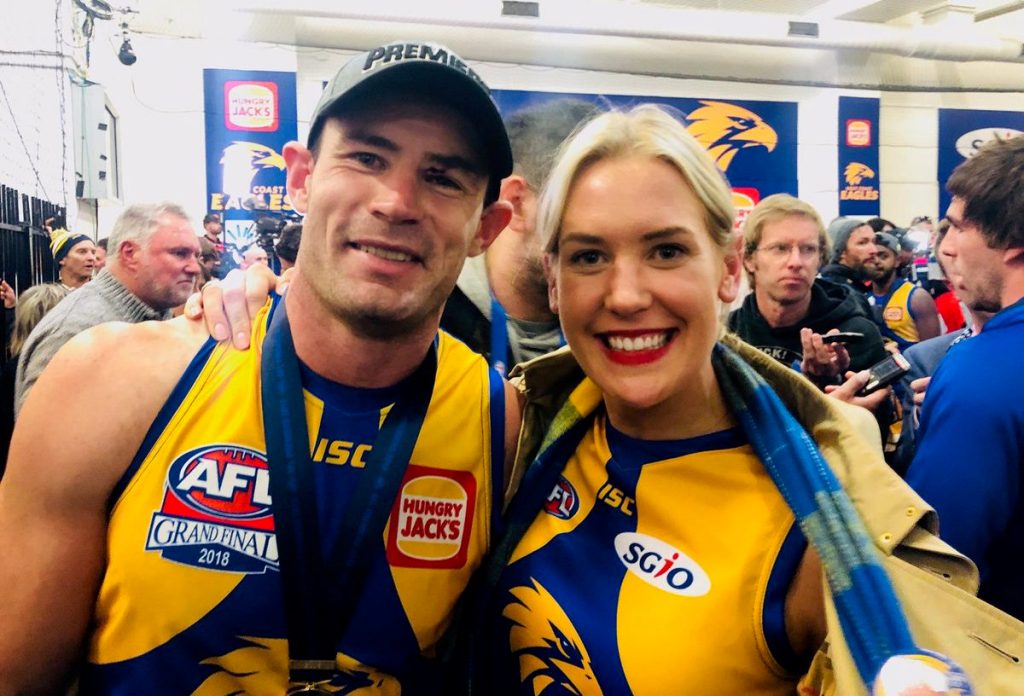 Liberal media adviser Ashton Hurn, with brother and then-West Coast captain Shannon after the 2018 AFL Grand Final, is in the mix for Liberal preselection. Photo: Twitter