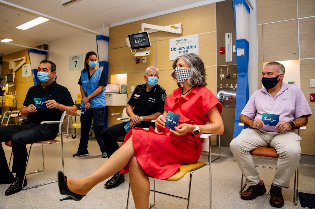 Premier Steven Marshall, Police Commissioner Grant Stevens, Chief Public Health Officer Nicola Spurrier and Health Minister Stephen Wade after being vaccinated at the RAH this morning (Photo: Morgan Sette/AAP)