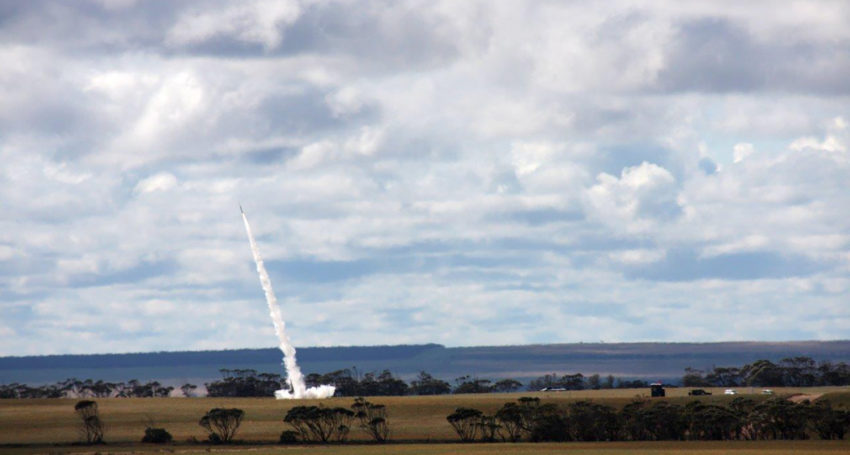 A dart rocket carrying a Royal Australian Air Force payload that was launched from Koonibba Rocket Range in September 2020 (AAP/ADF Image Sean Jorgensen-Day).