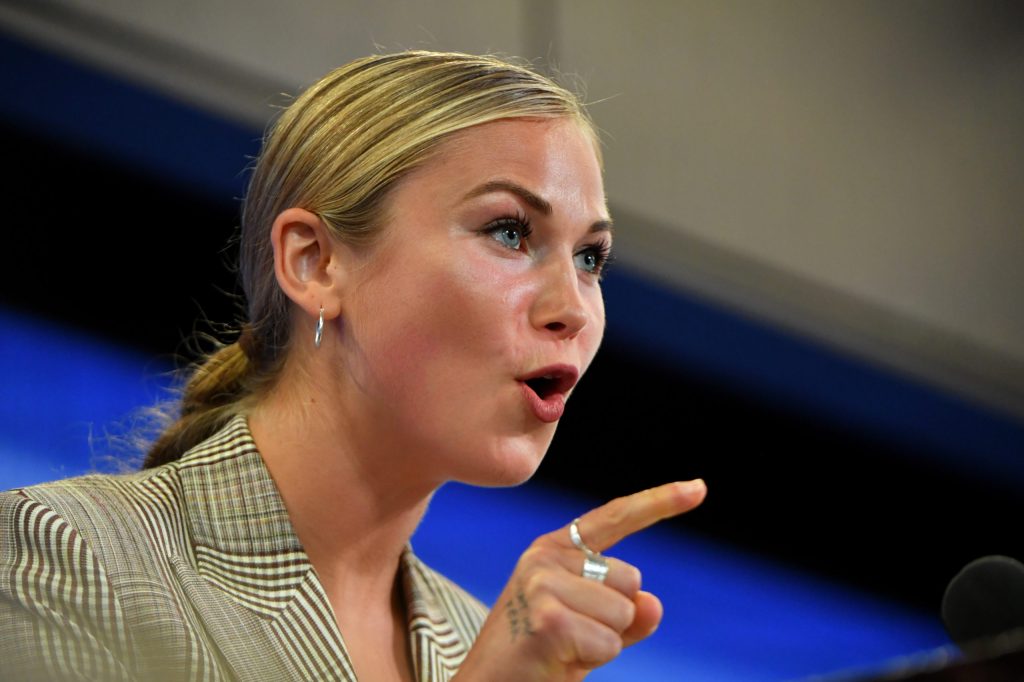 2021 Australian of the Year Grace Tame addressing the National Press Club in Canberra today. Photo: Mick Tsikas / AAP