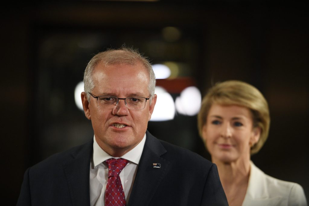 Prime Minister Scott Morrison with acting Attorney General Michaelia Cash in Sydney today (Photo: Dean Lewins/AAP)