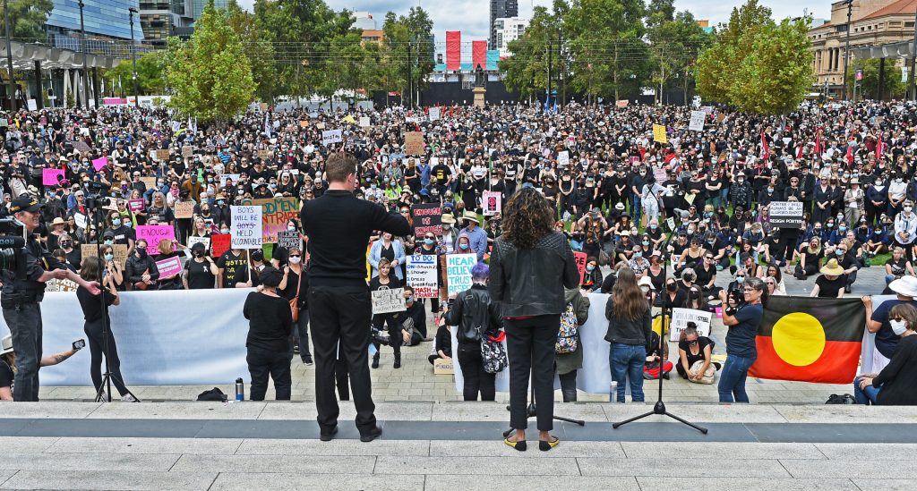 Thousands turned out in Victoria Square and around Australia yesterday at March4Justice rallies demanding action on gendered violence. Picture: Michael Errey/InDaily