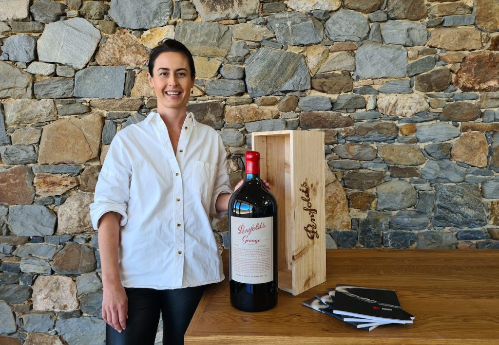 Penfolds senior winemaker Stephanie Dutton with a six-litre imperial bottle of Penfolds Bin 95 Grange. Photo: Emily Hay.