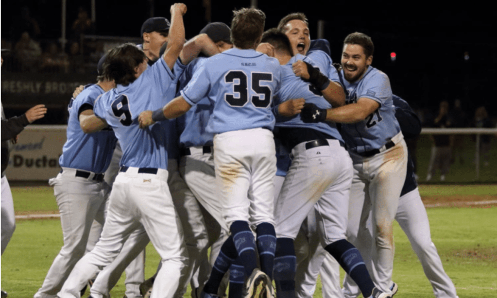 Sturt Baseball Club celebrating their 2020/21 Premiership against Goodwood. Photo: Jeff Nicholas