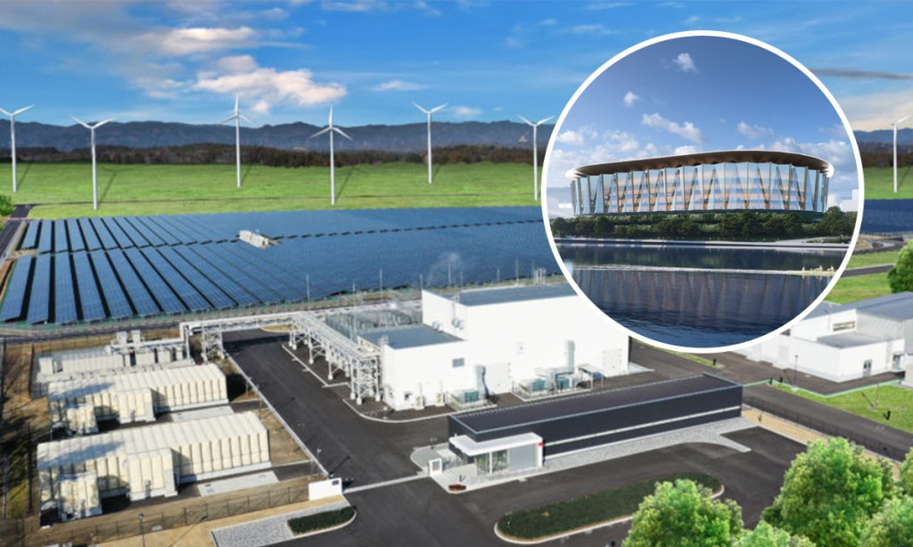 Labor's hydrogen plant proposal and, inset, an impression of Marshall's new city arena.
