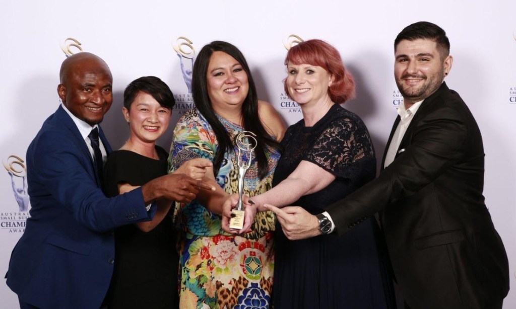 The Community Corporate team (L-R) Bully Camara, Heak Lim, Carmen Garcia, Katherine Beckwith and Sava Said at the awards over the weekend. Image: Supplied.