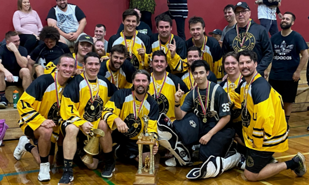 The Brighton Bombers celebrating their 2020/21 Indoor Lacrosse League Championship. Photo: Lacrosse SA TV