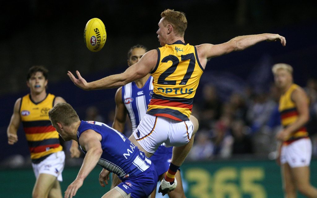 Adelaide almost fell over against the Roos yesterday. Photo: Hamish Blair / AAP