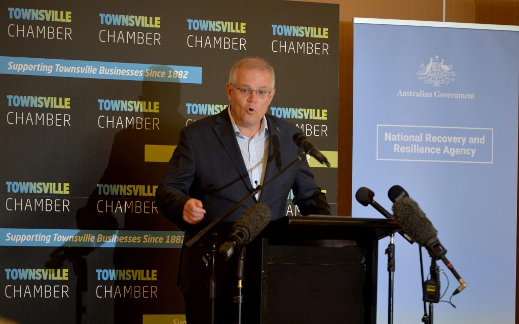 Prime Minister Scott Morrison addresses the Townsville Chamber of Commerce on Wednesday, May 5, 2021 (AAP Image/Scott Radford-Chisholm)