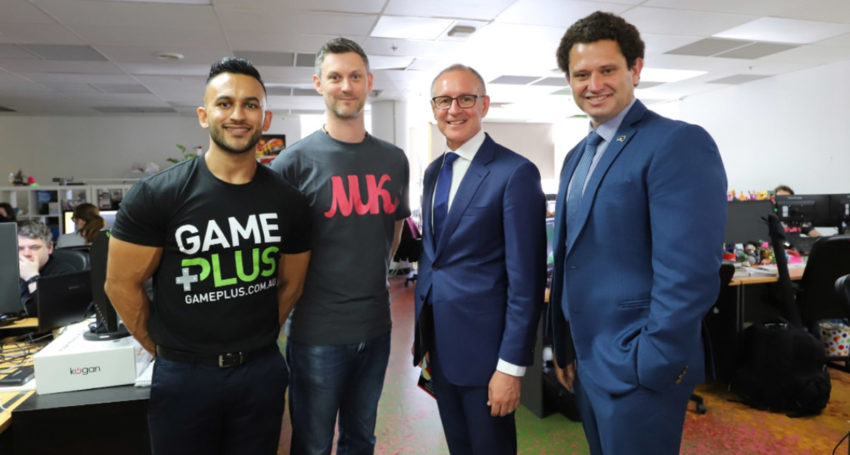 Mighty Kingdom managing director Phil Mayes (Centre left), alongside then-Premier Jay Weatherill and Innovation Minister Kyam Maher (Photo: @JayWeatherill / Twitter)