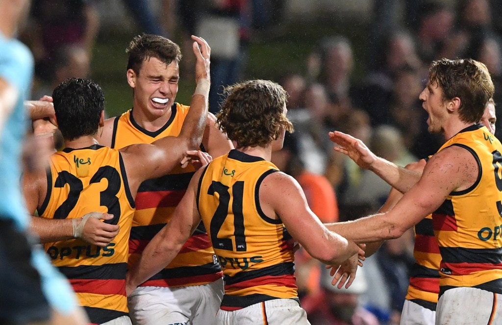 THRILLTHORPE: Rising Star nominee Riley Thilthorpe celebrates his match-saving major. Get around him! Photo: Darren England / AAP