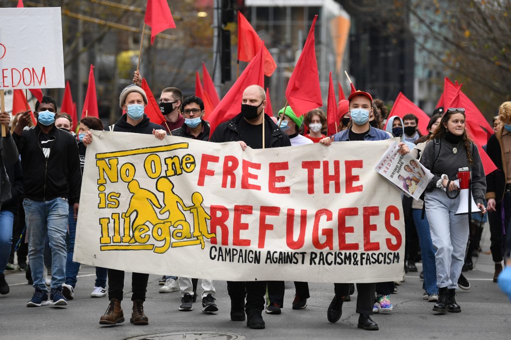 Protesters at the State Library of Victoria in Melbourne, Saturday, June 19, 2021. Image: AAP/James Ross