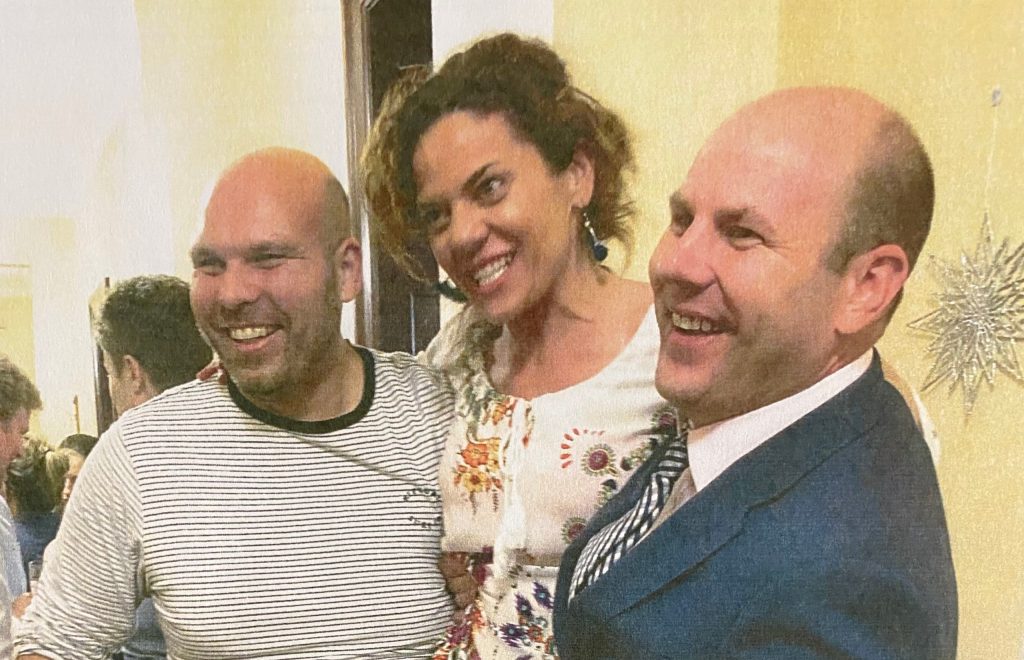 Sam Duluk, right, photographed with his accuser SA Best MLC Connie Bonaros and Labor MLC Justin Hanson at the 2019 Christmas function.