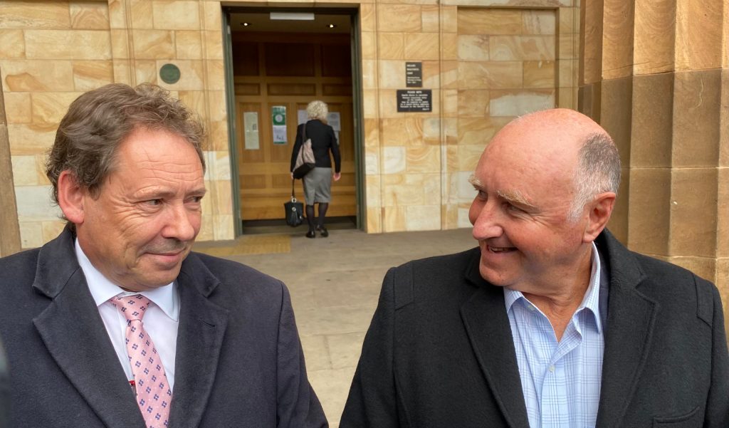 John Hanlon (right) with his lawyer, David Edwardson QC, outside court. Photo: Tom Richardson/InDaily