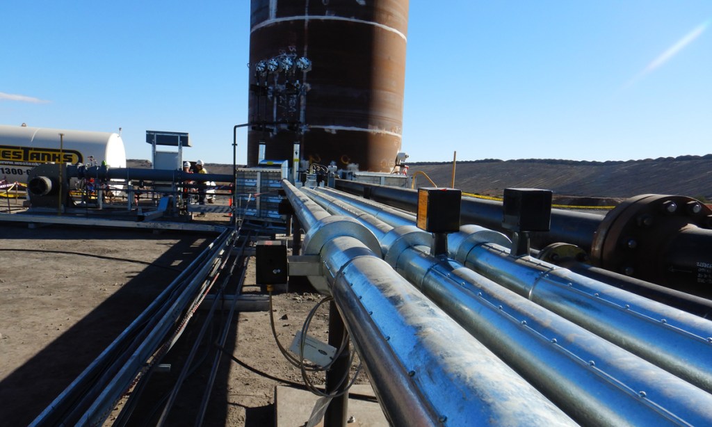 The thermal oxidiser, gathering pipes and fuel tank at Leigh Creek Energy's test site 550km north of Adelaide.