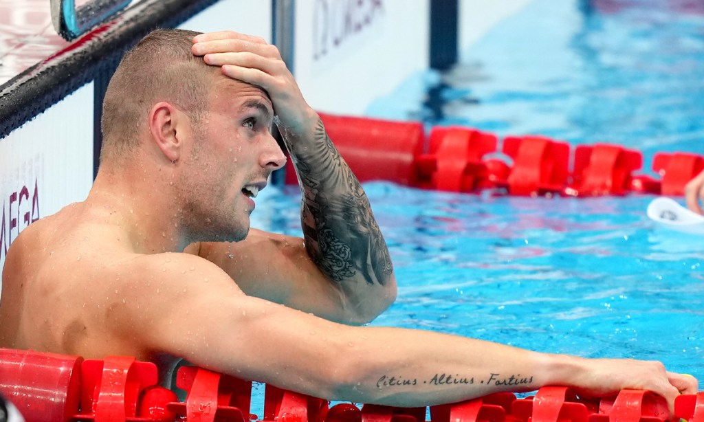 Kyle Chalmers reacts after winning silver and being narrowly beaten by Caeleb Dressel of the USA in the Men’s 100m freestyle final at the Tokyo Olympic Games.
Picture: Joe Giddens/AAP