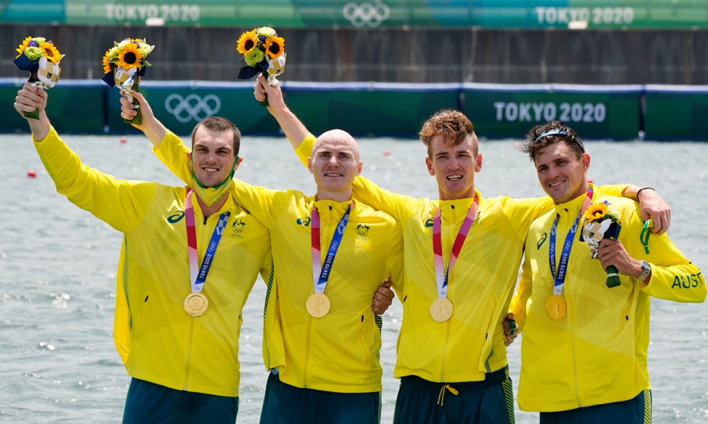 The gold medal winning coxless fours crew (from left) Alexander Purnell, Spencer Turrin, Jack Hargreaves and Alexander Hill celebrate their Tokyo 2020 win. Picture: Kimimasa Mayama/EPA.
