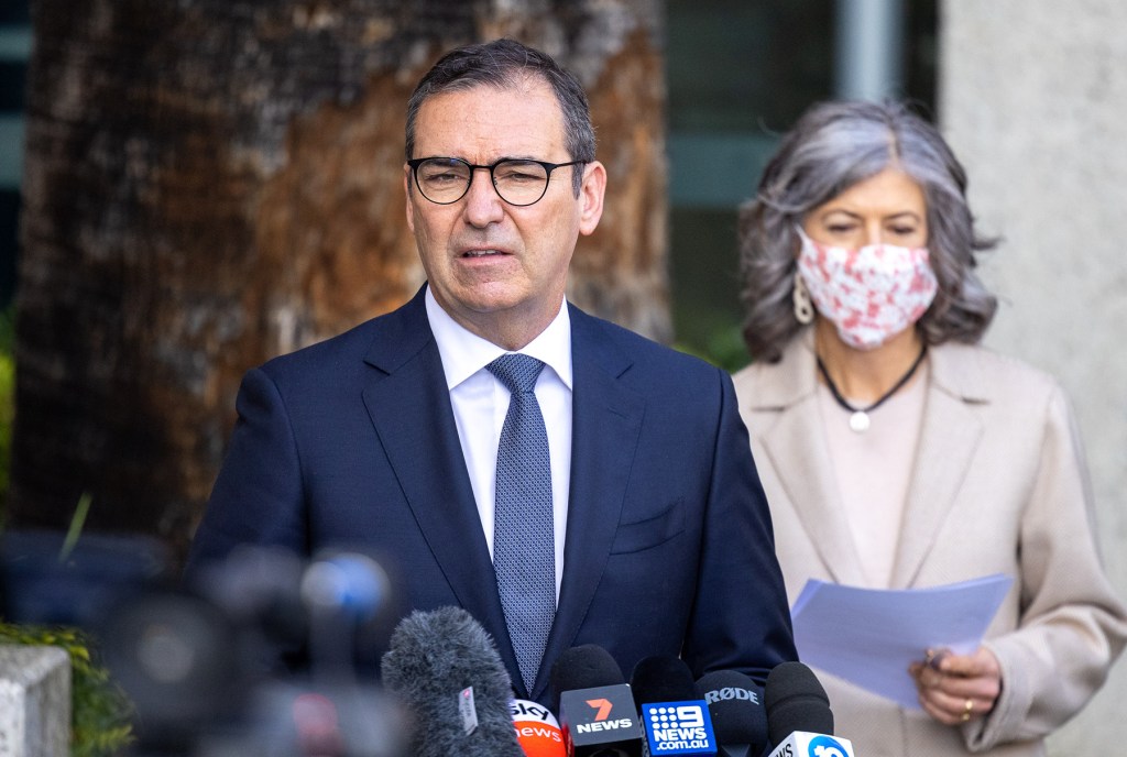 Premier Steven Marshall and Professor Nicola Spurrier. Photo: Tony Lewis/InDaily