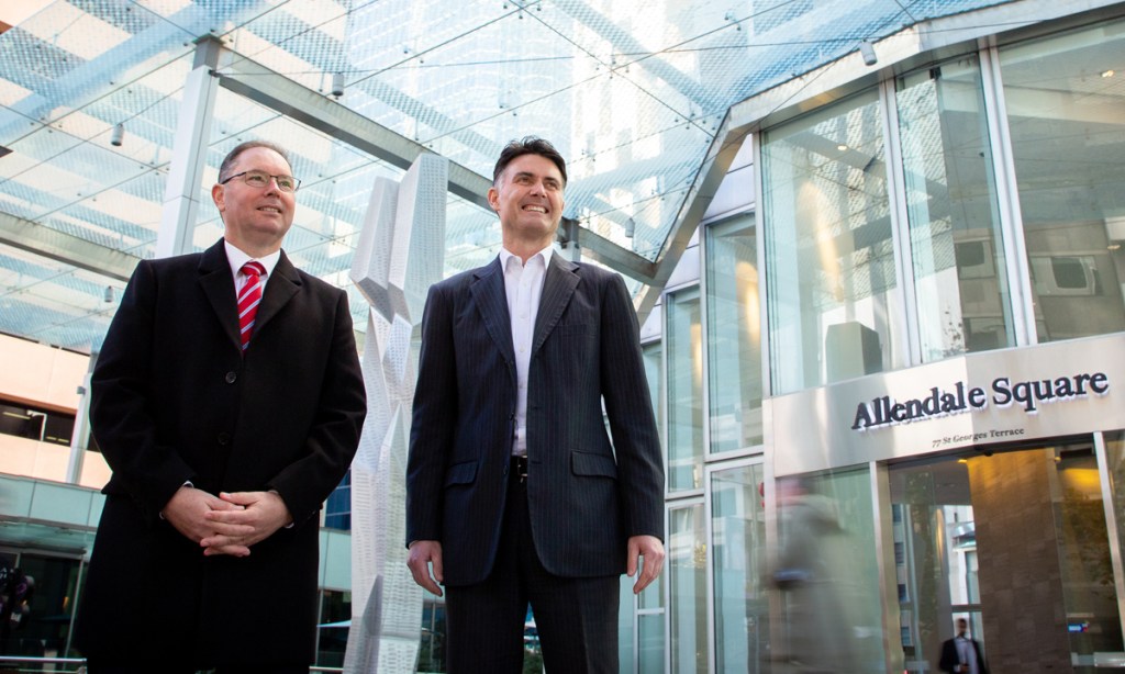 New Piper Alderman partners Shane Entriken (left) and Paul Sartori outside the Perth office. Picture: Serena Findlay.