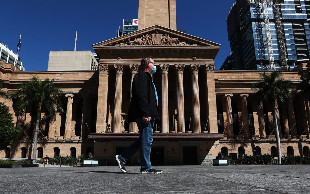 Scenes in King George Square Brisbane CBD, Sunday, August 1, 2021. (AAP Image/Jason O'Brien)