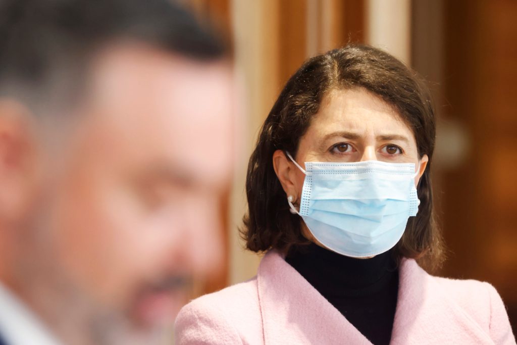 NSW Premier Gladys Berejiklian looks on during a press conference in Sydney, Wednesday, August 25, 2021 (AAP Image/Pool, Jenny Evans). 