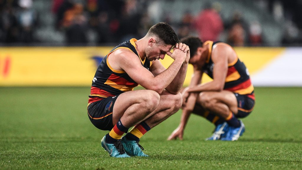 Crows players after the final siren on Saturday. Photo: Michael Errey / InDaily