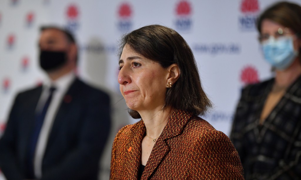 NSW Premier Gladys Berejiklian speaks to the media during a press conference in Sydney, Tuesday, August 24, 2021. (AAP Image/Joel Carrett) 