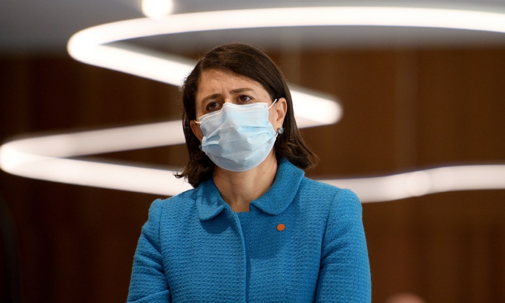 NSW Premier Gladys Berejiklian watches on during a press conference in Sydney, Tuesday, August 17, 2021. (AAP Image/Dan Himbrechts)
