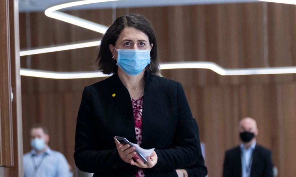 NSW Premier Gladys Berejiklian arrives to a COVID-19 update and press conference in Sydney, Thursday, August 5, 2021. (AAP Image/Pool, Brook Mitchell)