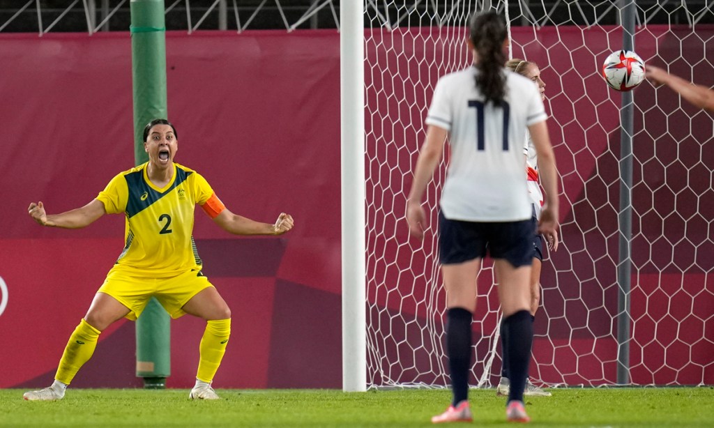 Australian star player Sam Kerr is in doubt for the Matilda's Tokyo Olympics semi-final against Sweden tonight.
Picture: Fernando Vergara/AP