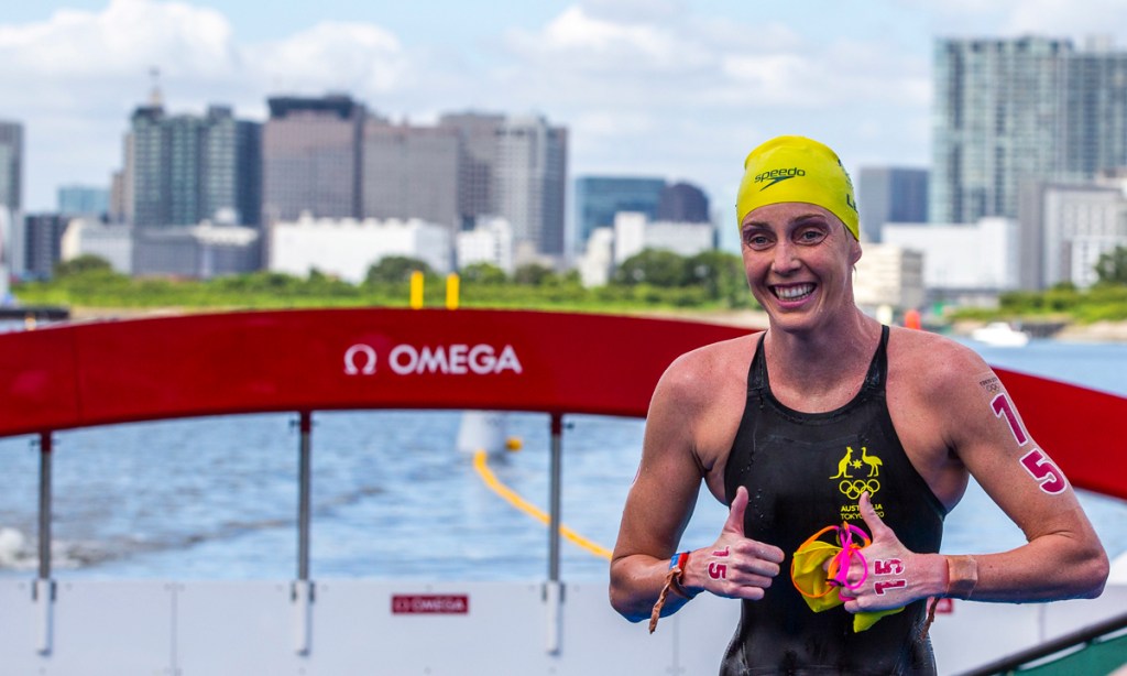 Kareena Lee celebrates after finishing third in the Women's 10km Open Water Swim at the Tokyo Olympics this morning. Picture: Patrick B. Kraemer/EPA