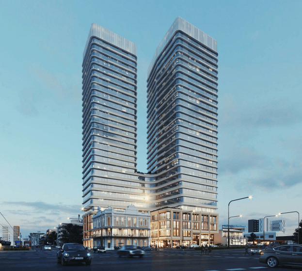 Two 32-storey towers approved for behind the heritage-listed Newmarket Hotel are 65m higher than the local zone limit. Image supplied. 