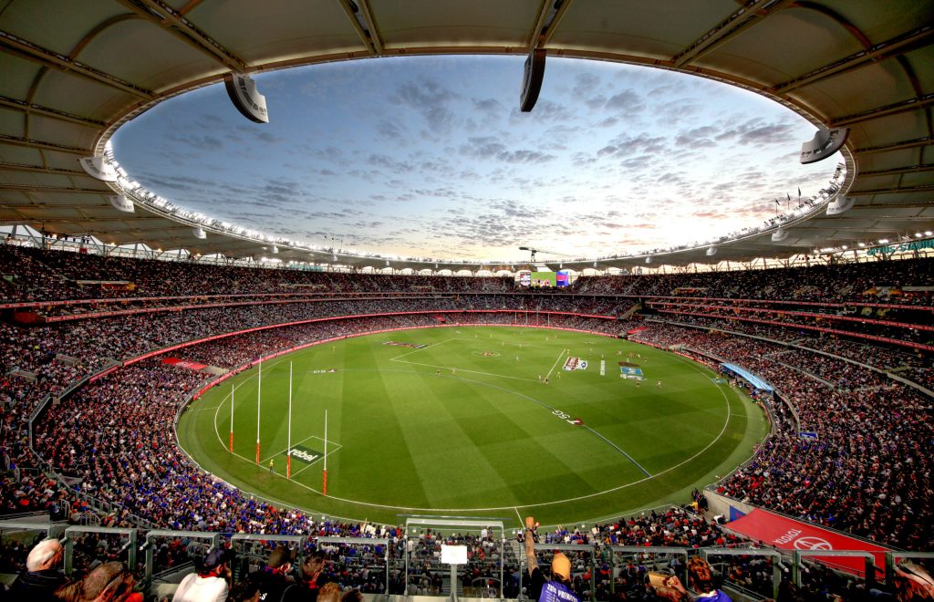 Perth's new stadium hosted the twilight 2021 AFL Grand Final between Melbourne and Western Bulldogs. Photo: AAP/Michael O’Brien
