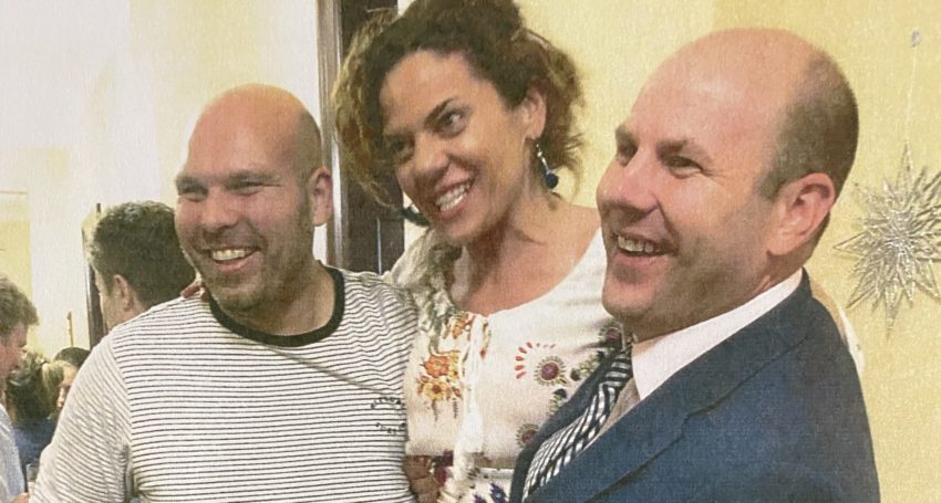 Sam Duluk, right, photographed with his accuser SA Best MLC Connie Bonaros and Labor MLC Justin Hanson at the 2019 Christmas function.
