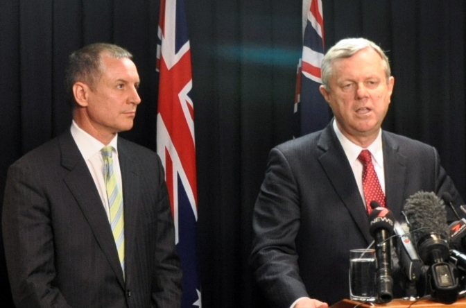 Premier Mike Rann confirms the leadership transition to Jay Weatherill in 2011. Photo: Sarah Malik / AAP