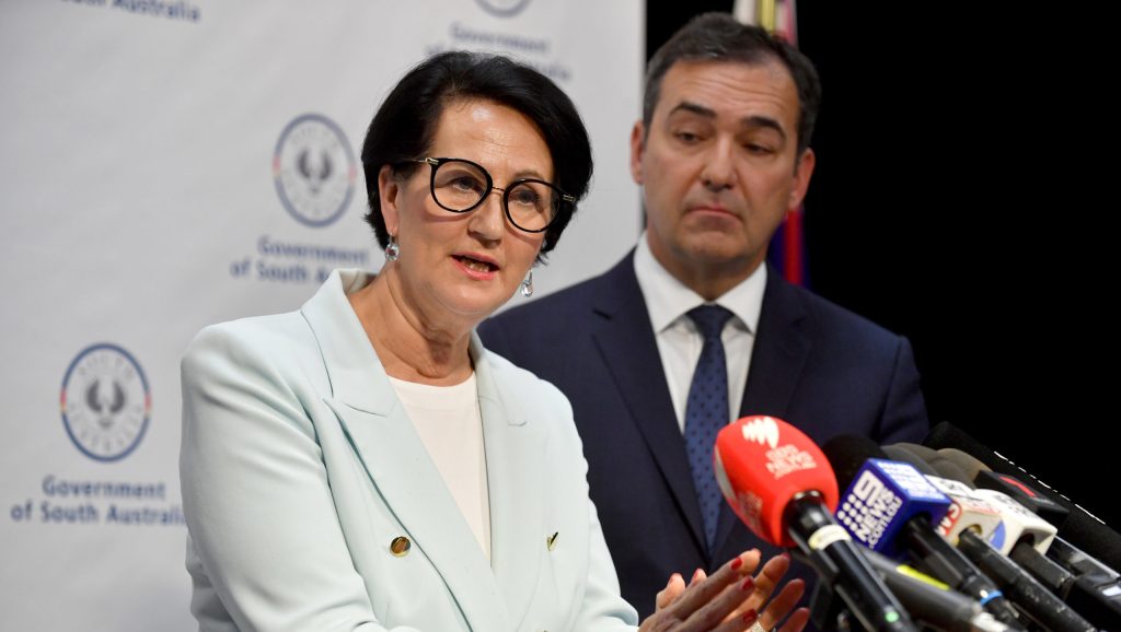 Premier Steven Marshall watches on as his Deputy Vickie Chapman fronts media in 2019. Photo: Sam Wundke / AAP