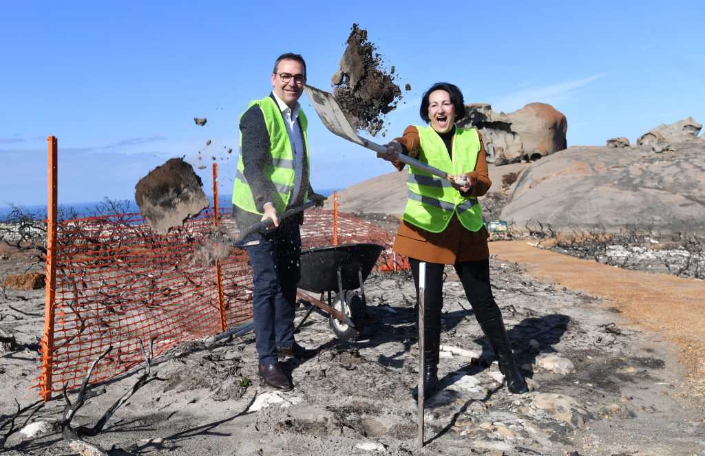 Vickie Chapman and Steven Marshall on Kangaroo Island last year. Photo: David Mariuz / AAP