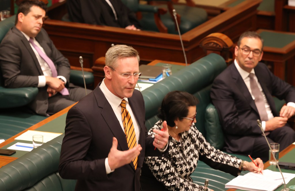 New deputy Liberal leader Dan van Holst Pellekaan, next to his predecessor Vickie Chapman, Premier Steven Marshall and (left) whip Richard Harvey. Photo: Tony Lewis / InDaily 