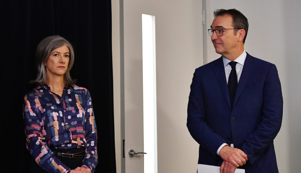 Chief Public Health Officer Nicola Spurrier with Premier Steven Marshall at a media conference early in the COVID-19 pandemic. Photo: David Mariuz / AAP