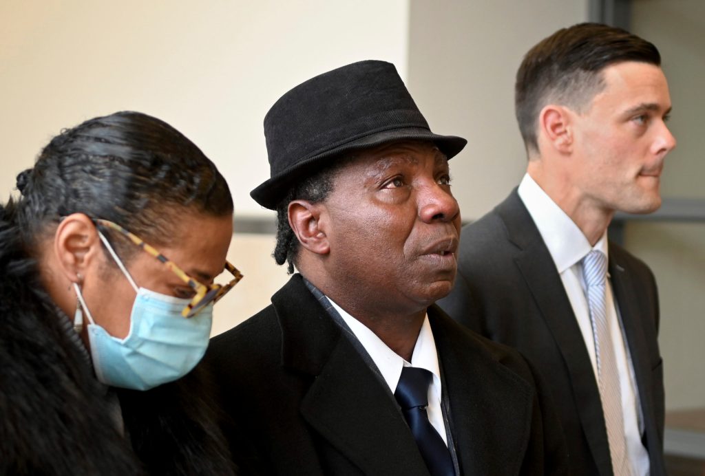 Anthony Broadwater, centre, had his 40-year-old rape conviction overturned in November. He spent 16 years in prison after being wrongfully convicted and was released in 1999. Photo: Katrina Tulloch/The Post-Standard via AP
