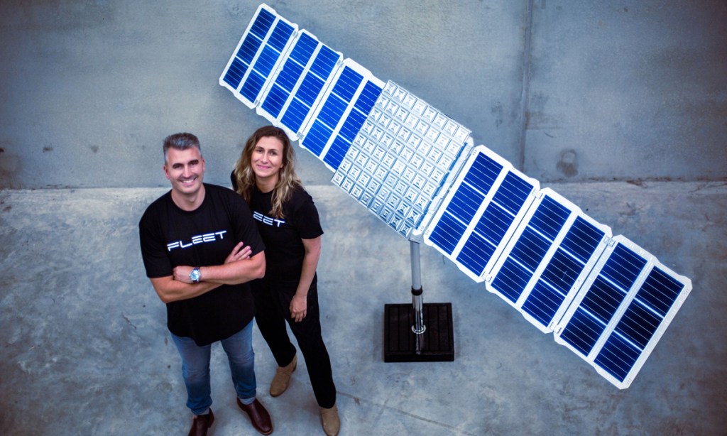 Fleet founders Matt Pearson and Flavia Tata Nardini with an Alpha satellite.