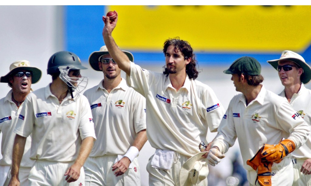 Jason Gillespie displays the ball after taking five wickets against India at Nagpur in 2004. Picture: Aman Sharma/AP
