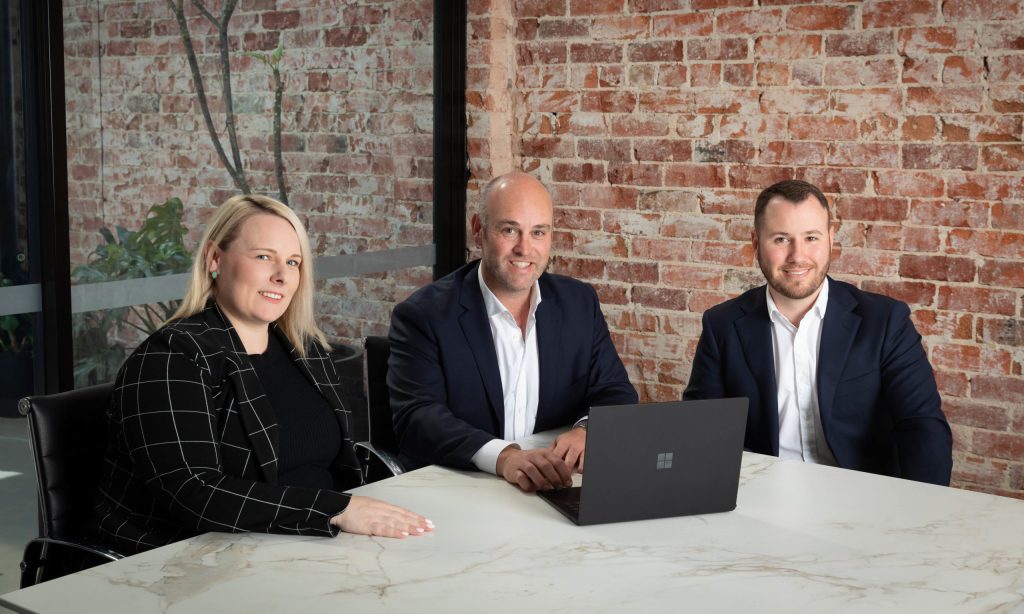 Leyton Funds Managing Director Warwick Mittiga (centre) with new Finance Manager Kelly Menzies (left) and Eamonn Ansell (right). (Image: supplied)