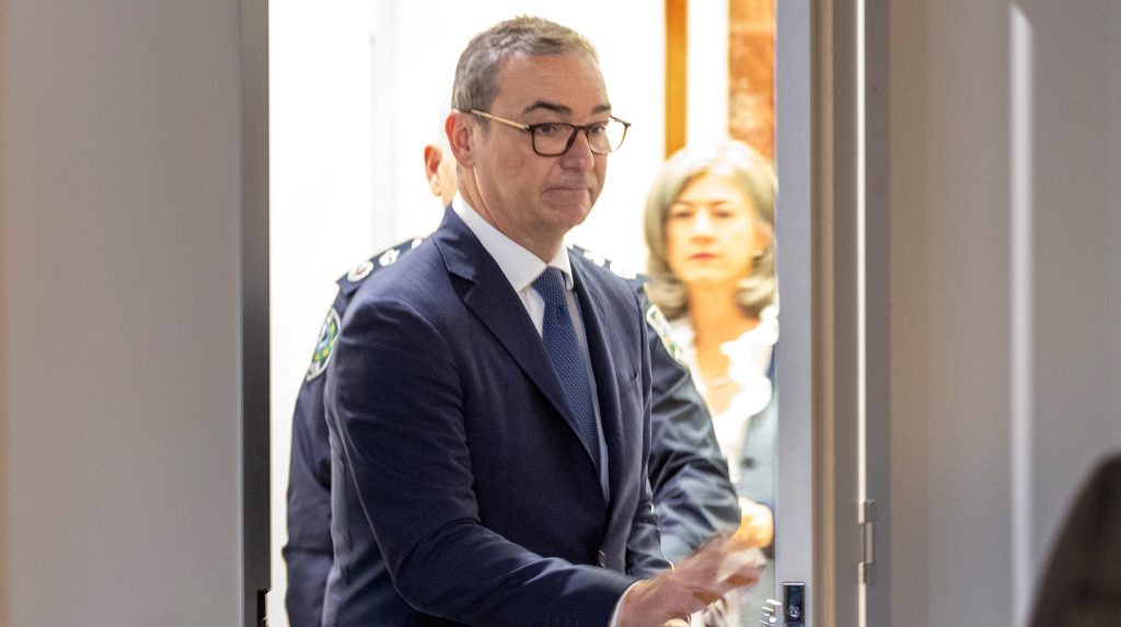 Steven Marshall leads Grant Stevens and Nicola Spurrier into a COVID media briefing. Photo: Tony Lewis / InDaily