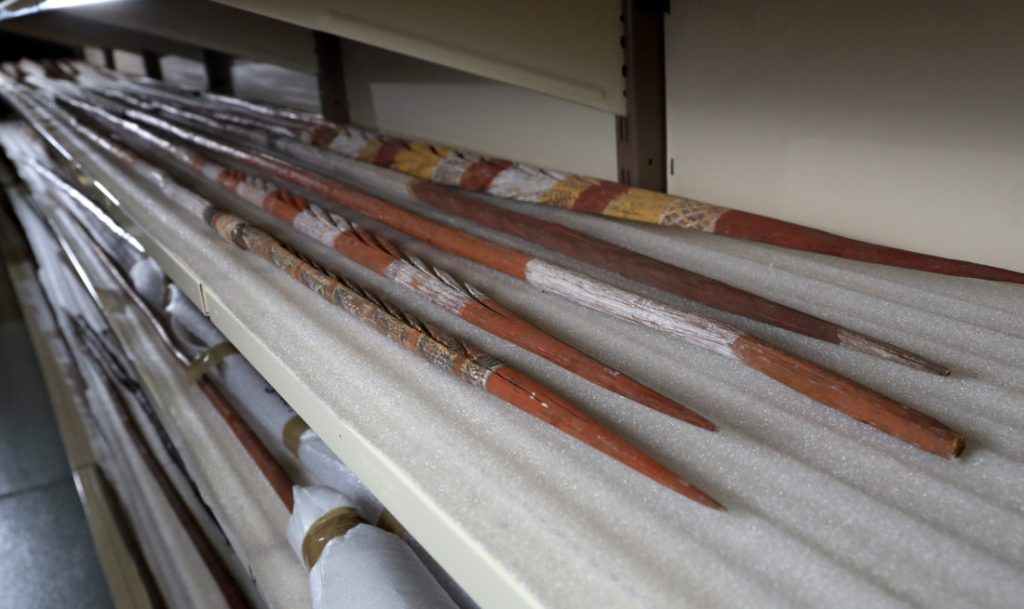Aboriginal spears in storage at the current Netley site. Photo: Tony Lewis/InDaily