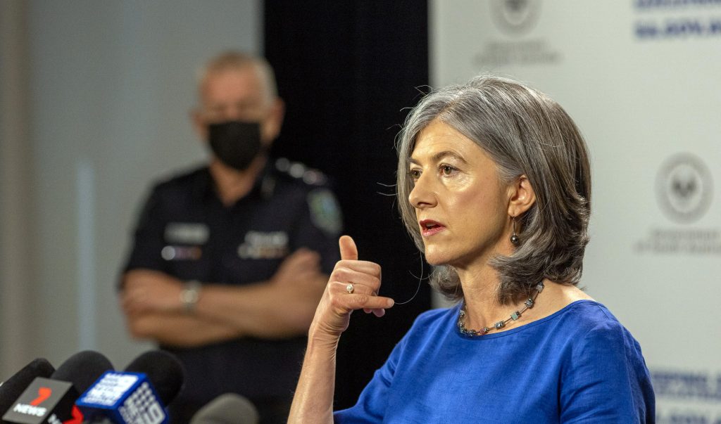 Chief Public Health Officer Nicola Spurrier on Friday, flanked by Police Commissioner Grant Stevens. Photo: Tony Lewis / InDaily