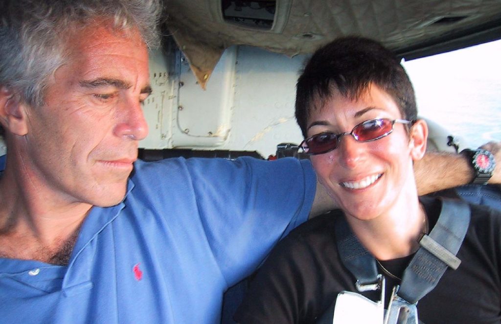 File photo issued by US Department of Justice of Ghislaine Maxwell with Jeffrey Epstein, which was shown to the court during her sex trafficking trial. via AAP